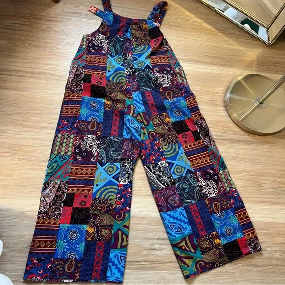 Colorful vintage patchwork overalls in size Medium boho hippie festival - Picture 2 of 8